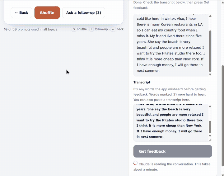 Screen recording: the feedback page with her mistakes highlighted, corrections with explanations in English and Korean, and practice questions