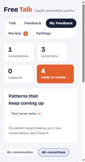My Feedback screen with totals for conversations, corrections and cards to review, and a list of recurring patterns