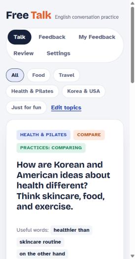 Free Talk on a phone: a prompt card asking how Korean and American ideas about health differ, with useful words below
