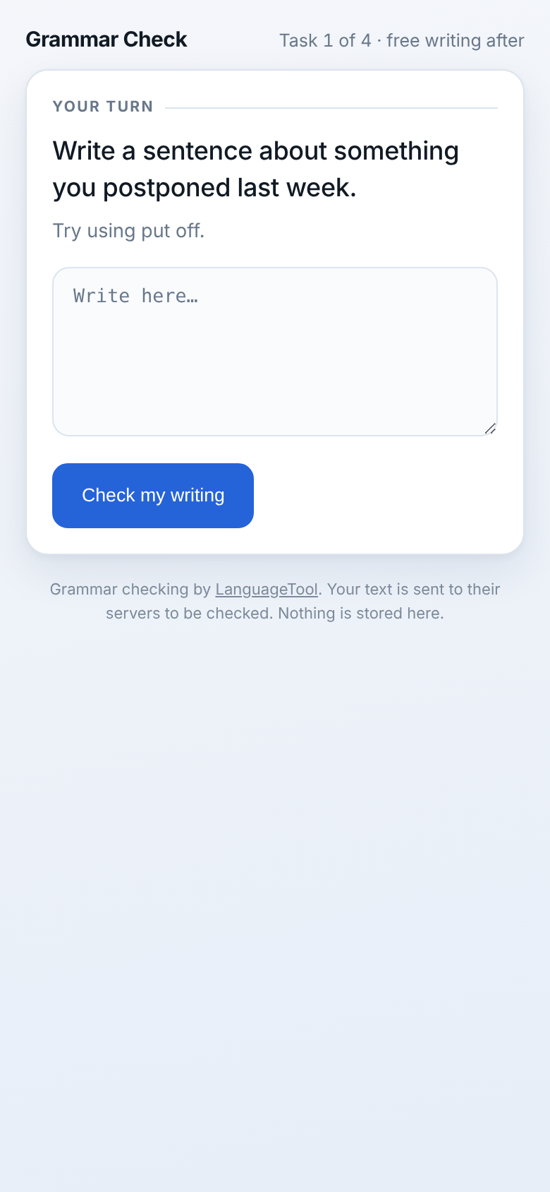 Grammar Check screen asking the learner to write a sentence using put off